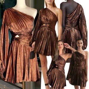 🆕 ACLER 🧿 NWOT Aurora One-Shoulder Pleated Metallic Mini Dress, Sz AU 14 US 10